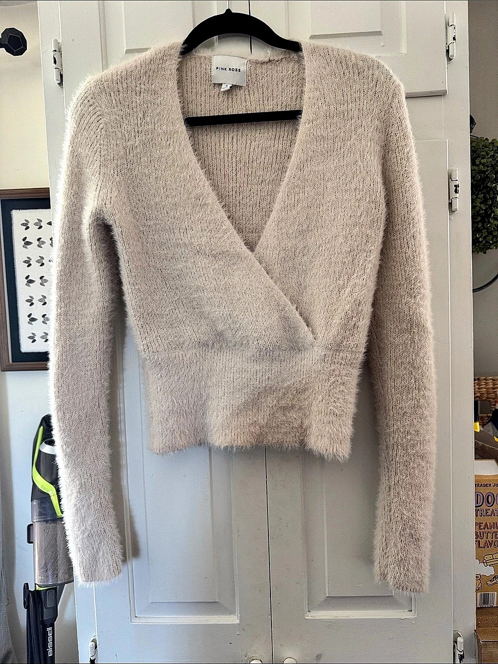 PINK ROSE Fuzzy V-Neck Cropped Wrap Sweater Beige Medium